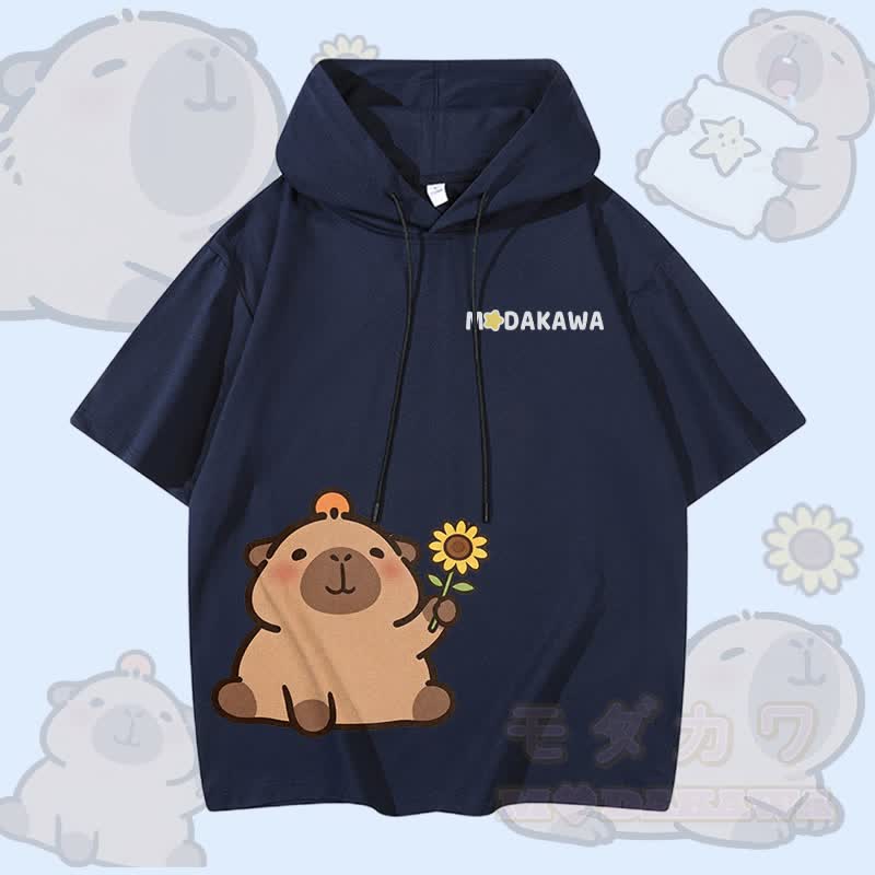 Modakawa Kurzarm-Hoodie mit Sonnenblumen-Capybara-Motiv - Purpurblau - 3XL - image 2