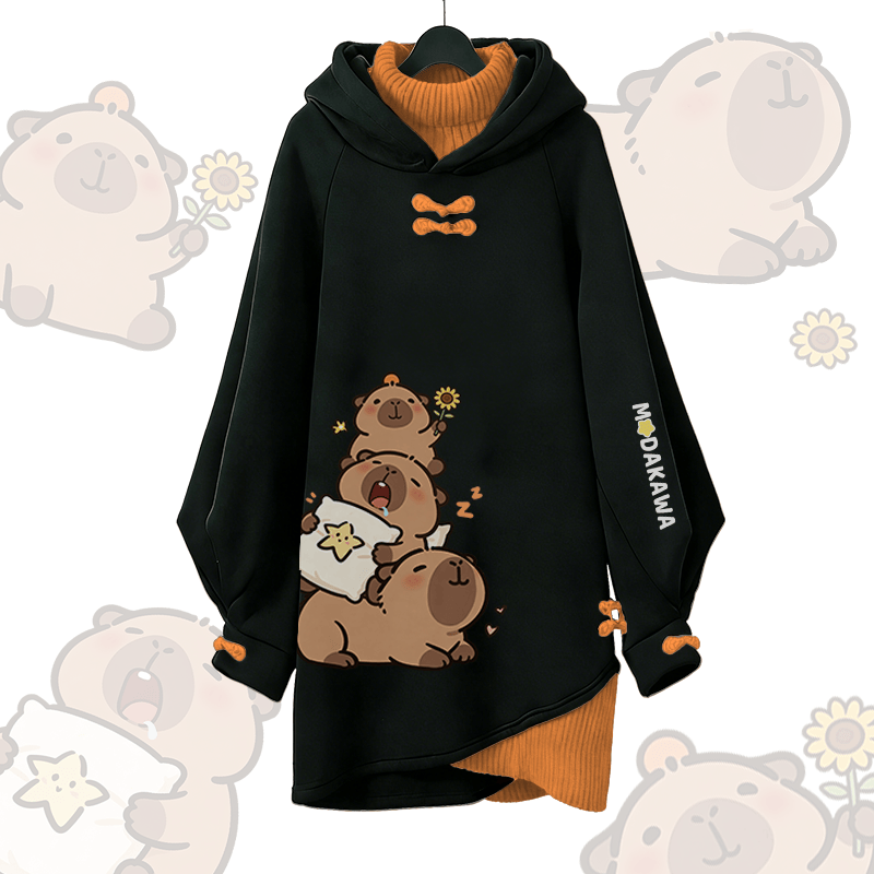 Capybara Grafik Modakawa Schnalle Vintage Kapuzenpullover Kleid - Black - 3XL - image 1
