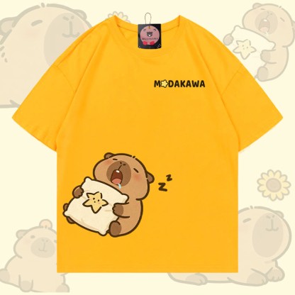 Modakawa T-Shirt mit schlafendem Wasserschwein-Motiv, 100 % Baumwolle - Bright Yellow - 5XL - image 1