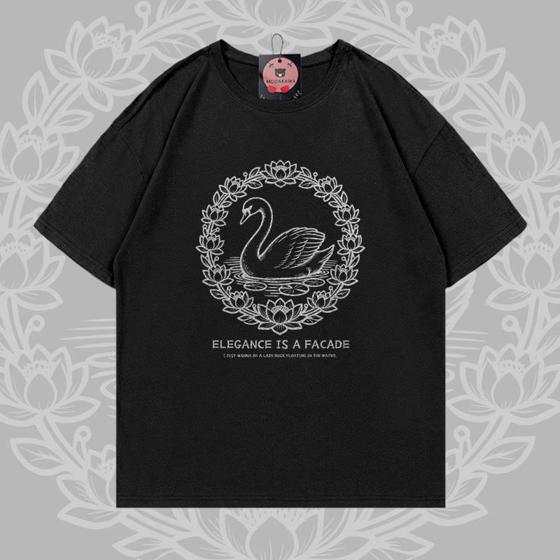 Elegantes Modakawa T-Shirt mit Schwanenmotiv aus 100 % Baumwolle - Black - 5XL - image 2