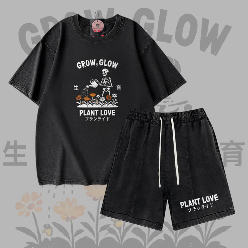 GROW GLOW Skelett-Grafik Vintage-Waschung T-Shirt PLANT LOVE Buchstaben-Grafik Shorts Modakawa Zweiteiliges Set - Black - 3XL - image 2