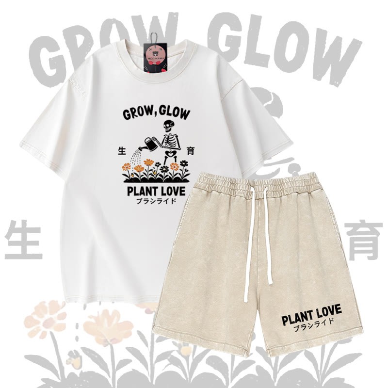 GROW GLOW Skelett-Grafik Vintage-Waschung T-Shirt PLANT LOVE Buchstaben-Grafik Shorts Modakawa Zweiteiliges Set - White & Apricot - 3XL - image 1