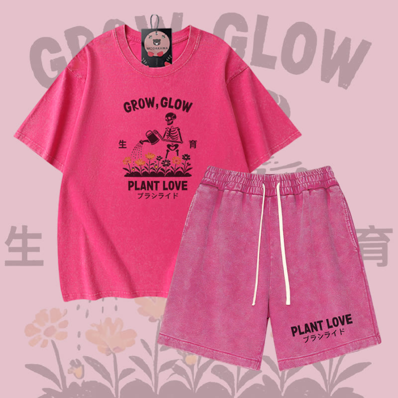 GROW GLOW Skelett-Grafik Vintage-Waschung T-Shirt PLANT LOVE Buchstaben-Grafik Shorts Modakawa Zweiteiliges Set - Rose Red & Pink - 3XL - image 4