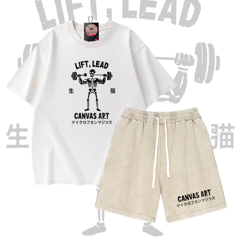 LIFY LEAD Skelett-Grafik Vintage-Waschung T-Shirt CANVAS ART Buchstaben-Grafik Shorts Modakawa Zweiteiliges Set - White & Apricot - 3XL - image 2
