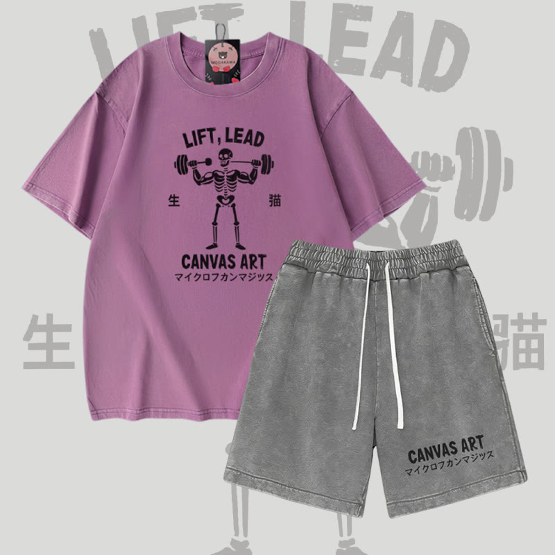 LIFY LEAD Skelett-Grafik Vintage-Waschung T-Shirt CANVAS ART Buchstaben-Grafik Shorts Modakawa Zweiteiliges Set - Purple & Grey - 3XL - image 3