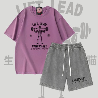 LIFY LEAD Skelett-Grafik Vintage-Waschung T-Shirt CANVAS ART Buchstaben-Grafik Shorts Modakawa Zweiteiliges Set - Purple & Grey - 3XL - image 3