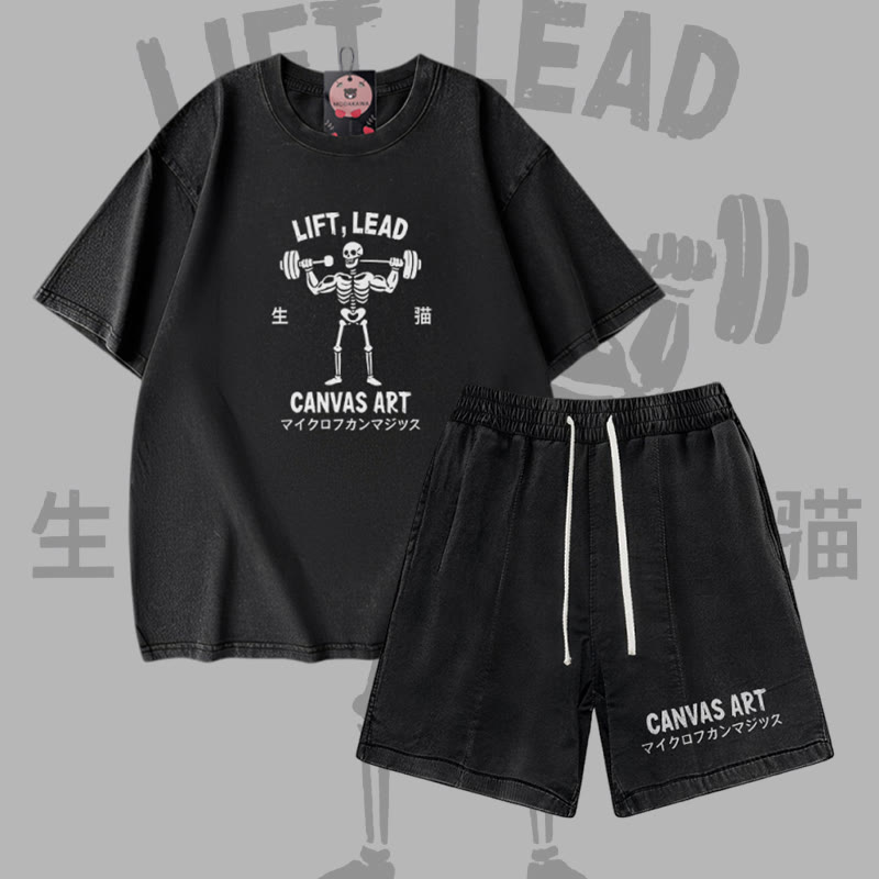 LIFY LEAD Skelett-Grafik Vintage-Waschung T-Shirt CANVAS ART Buchstaben-Grafik Shorts Modakawa Zweiteiliges Set - Black - 3XL - image 1