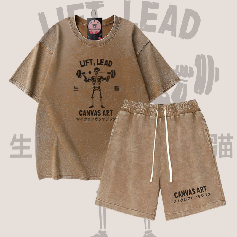 LIFY LEAD Skelett-Grafik Vintage-Waschung T-Shirt CANVAS ART Buchstaben-Grafik Shorts Modakawa Zweiteiliges Set - Brown - 3XL - image 4