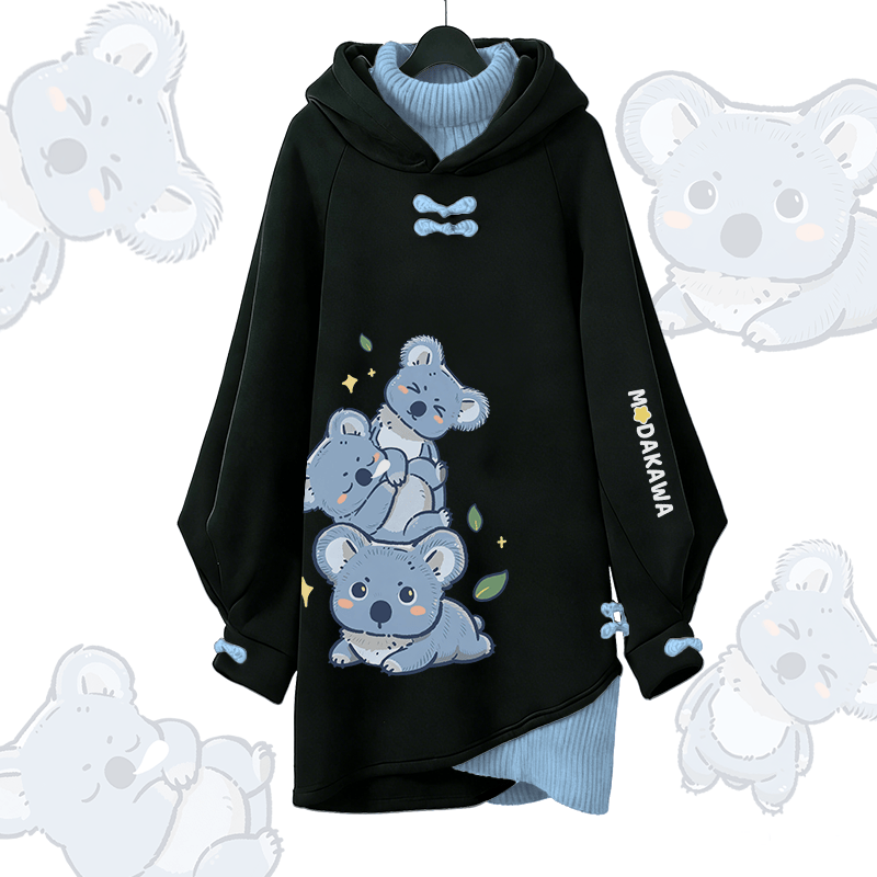 Verspieltes Koala-Modakawa-Schnalle Vintage-Kapuzenpulloverkleid - Black - 3XL - image 1