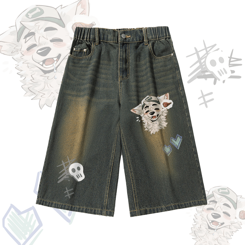 MODAKAWA X atka Fox Wants Meat Graphic Vintage Washed Cropped Pants - Vintage Blue - 3XL - image 2