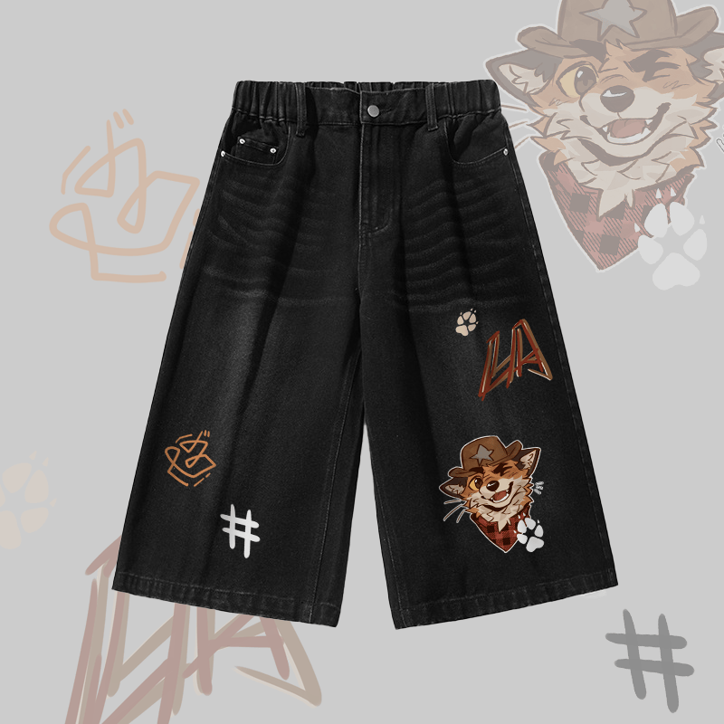 MODAKAWA X atka Cowboy Fox Paw Wave Graphic Vintage Washed Cropped Pants - Black - 3XL - image 1