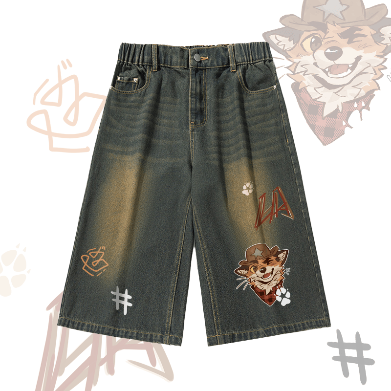 MODAKAWA X atka Cowboy Fox Paw Wave Graphic Vintage Washed Cropped Pants - Vintage Blue - 3XL - image 2