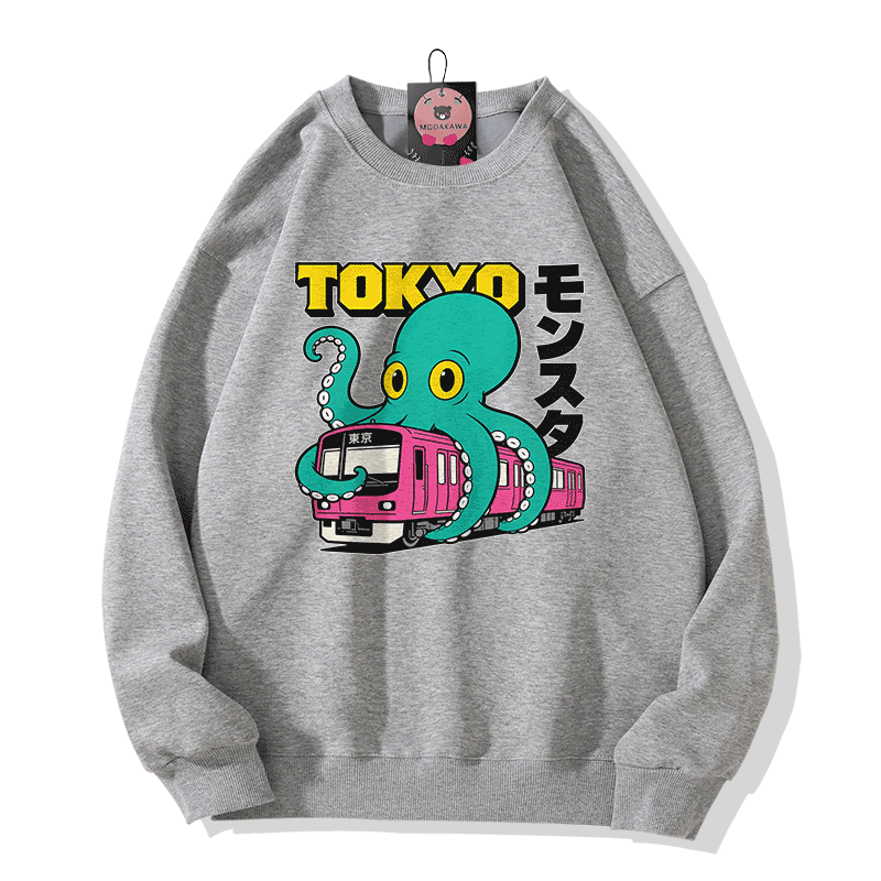 Modakawa Sweatshirt mit Tokyo Octopus Monster Grafik - Grey - 5XL - image 3