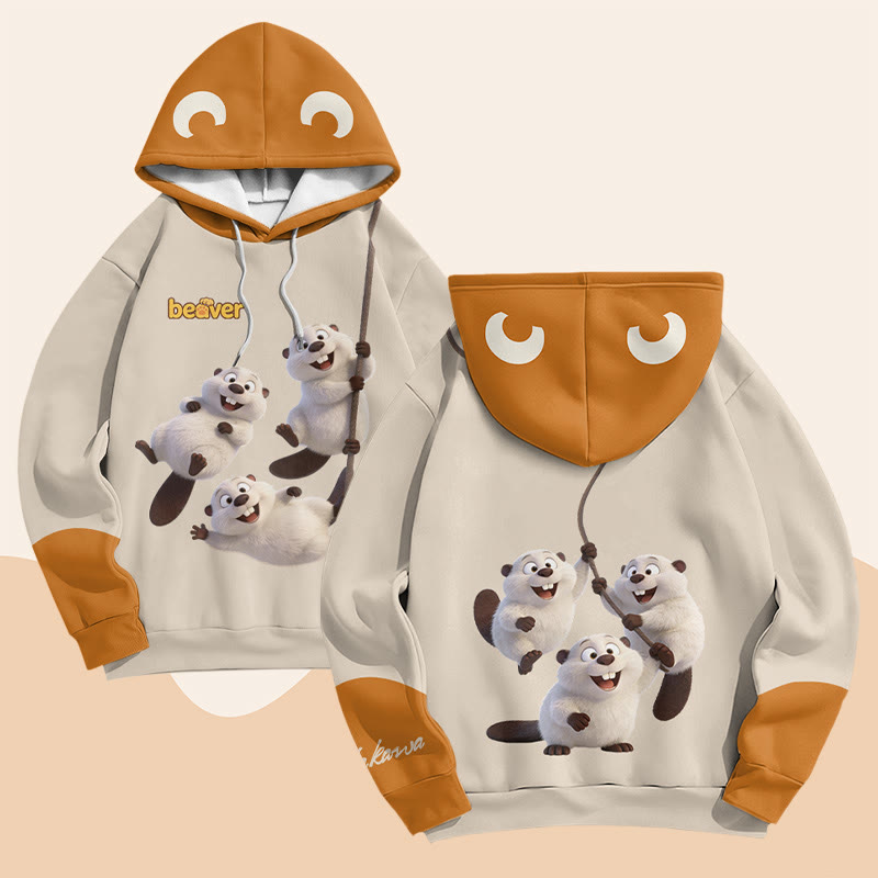 Modakawa Pullover Hoodie mit Bibermotiv - Beige & Yellow - 6XL - image 2