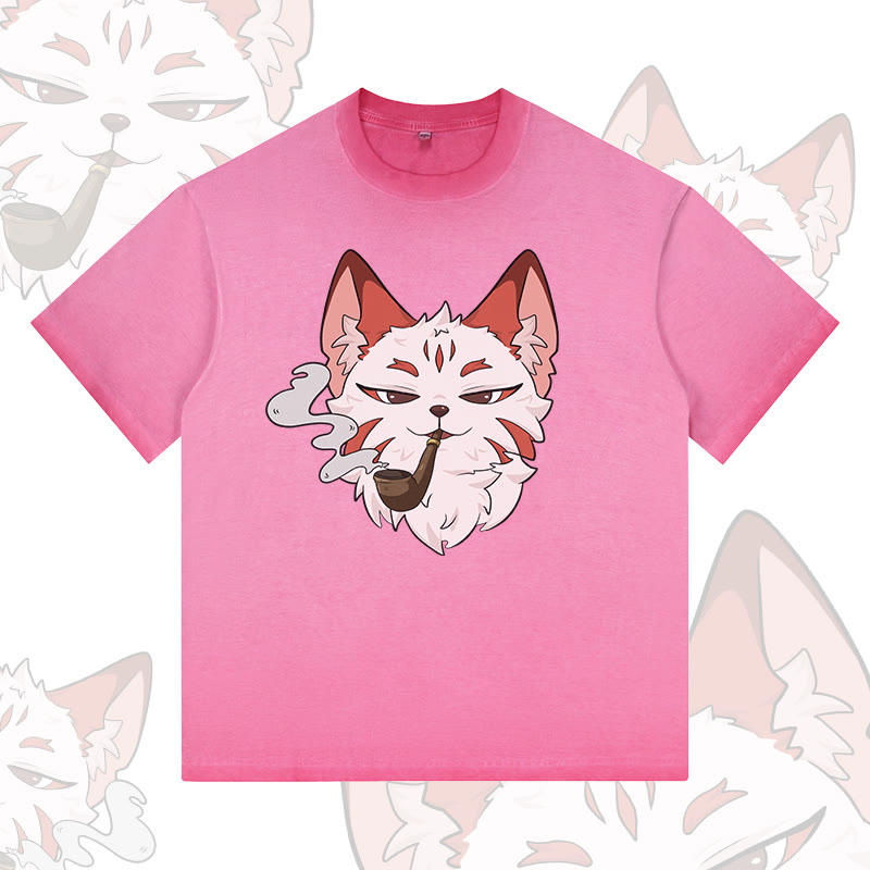 Pipe Fox Graphic Modakawa 100% Cotton Gradient Washed T-Shirt - Rose Red - 5XL - image 2