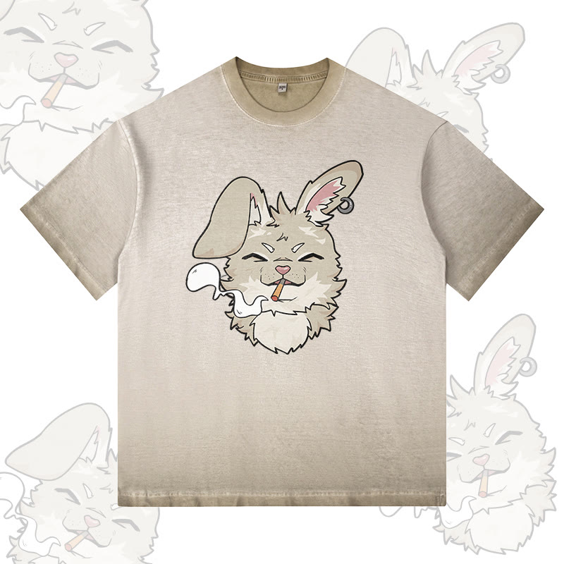 Nabi Smoking Bunny Grafik Modakawa 100% Baumwolle Gradient Washed T-Shirt - Khaki - 5XL - image 2