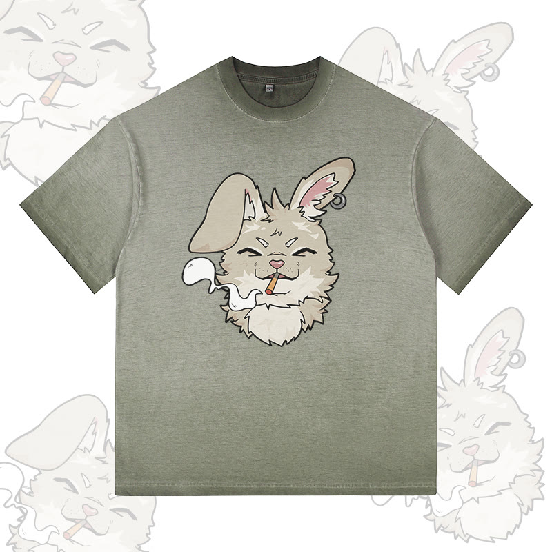 Nabi Smoking Bunny Grafik Modakawa 100% Baumwolle Gradient Washed T-Shirt - Olive Green - 5XL - image 1