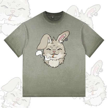 Nabi Smoking Bunny Grafik Modakawa 100% Baumwolle Gradient Washed T-Shirt - Olive Green - 5XL - image 1