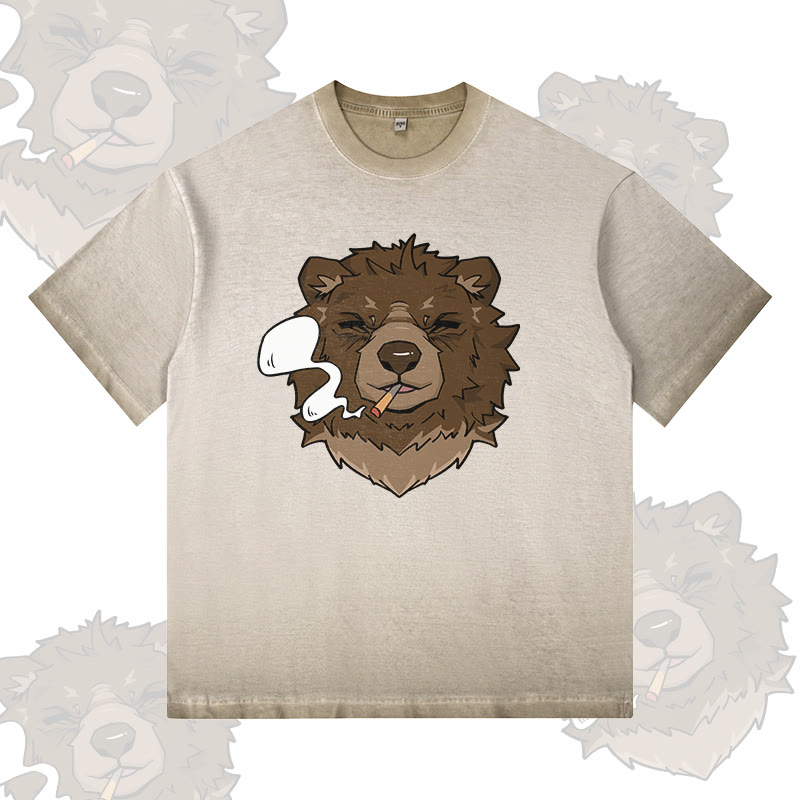 Modakawa T-Shirt mit Raucherbär-Motiv, 100 % Baumwolle, Farbverlauf, gewaschen - Khaki - 5XL - image 1