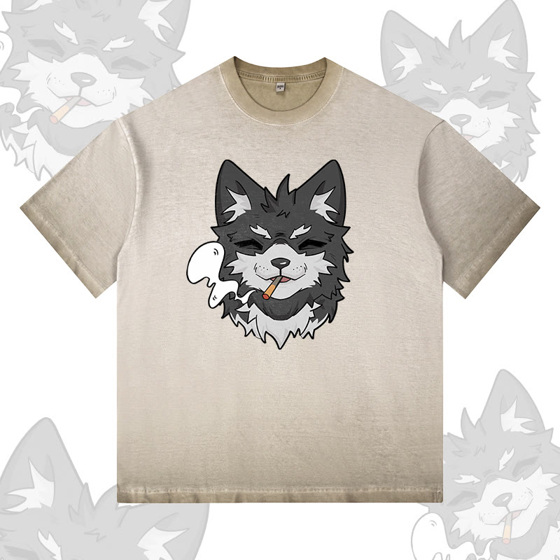 Koda Smoking Puppy Grafik Modakawa 100% Baumwolle Gradient Washed T-Shirt - Khaki - 5XL - image 2