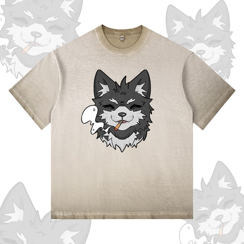 Modakawa T-Shirt mit Rauchwolf-Motiv, 100 % Baumwolle, Farbverlauf, gewaschen - Khaki - 5XL - image 2