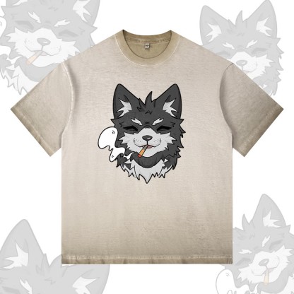 Modakawa T-Shirt mit Rauchwolf-Motiv, 100 % Baumwolle, Farbverlauf, gewaschen - Khaki - 5XL - image 2