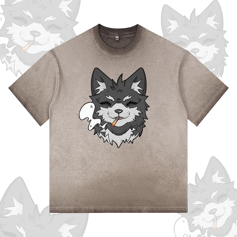 Modakawa T-Shirt mit Rauchwolf-Motiv, 100 % Baumwolle, Farbverlauf, gewaschen - Brown - 5XL - image 1