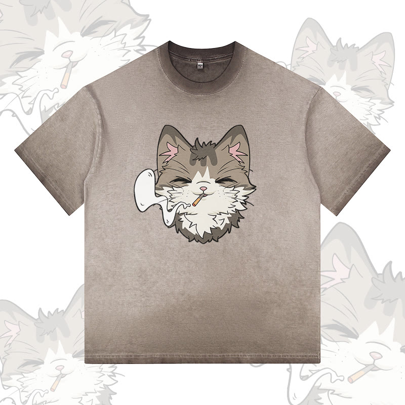 Modakawa T-Shirt mit Raucherkatzen-Motiv, 100 % Baumwolle, Farbverlauf, gewaschen - Brown - 5XL - image 2