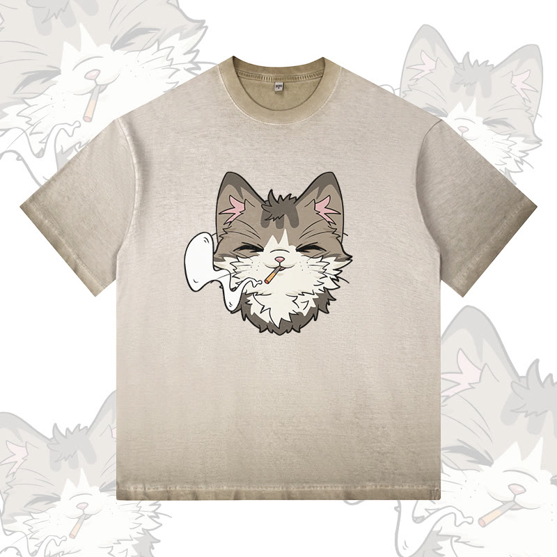 Modakawa T-Shirt mit Raucherkatzen-Motiv, 100 % Baumwolle, Farbverlauf, gewaschen - Khaki - 5XL - image 1