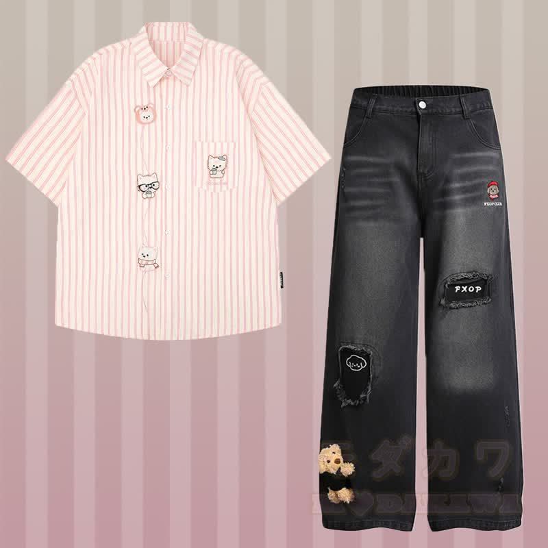 Gestreiftes Welpen-Stickhemd, 3D-Bär-Zerrissene Jeans, Modakawa-Partnerlook - Satz D - XL - image 8