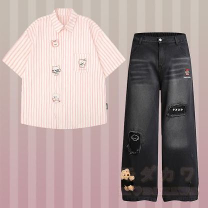 Gestreiftes Welpen-Stickhemd, 3D-Bär-Zerrissene Jeans, Modakawa-Partnerlook - Satz D - XL - image 8