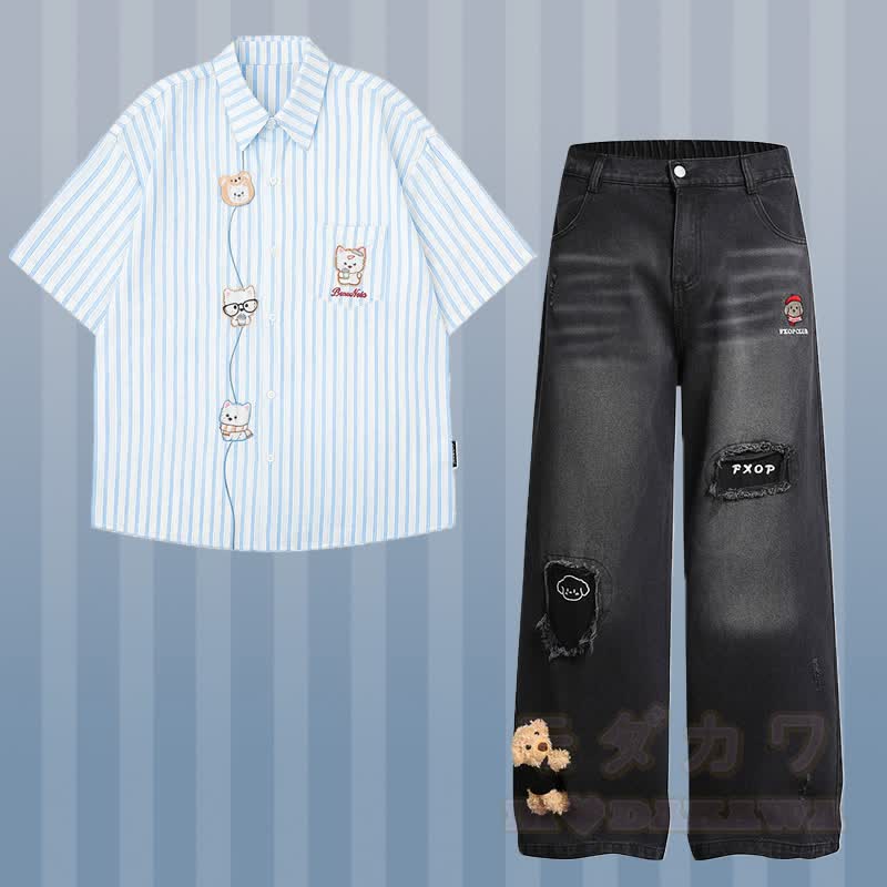 Gestreiftes Welpen-Stickhemd, 3D-Bär-Zerrissene Jeans, Modakawa-Partnerlook - Satz B - XL - image 6