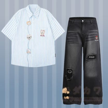 Gestreiftes Welpen-Stickhemd, 3D-Bär-Zerrissene Jeans, Modakawa-Partnerlook - Satz B - XL - image 6