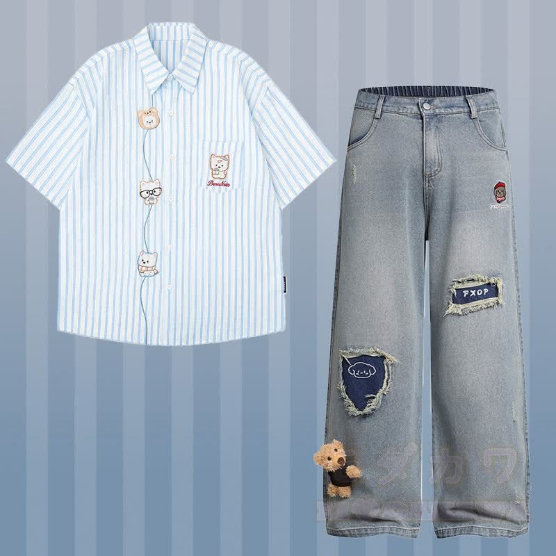 Gestreiftes Welpen-Stickhemd, 3D-Bär-Zerrissene Jeans, Modakawa-Partnerlook - Satz A - XL - image 1