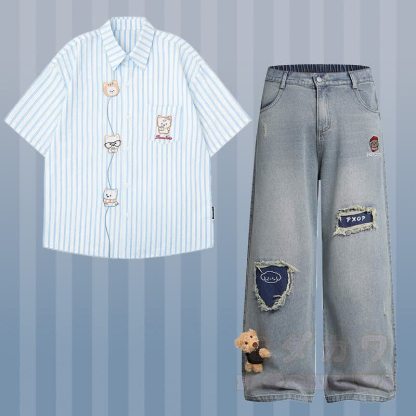Gestreiftes Welpen-Stickhemd, 3D-Bär-Zerrissene Jeans, Modakawa-Partnerlook - Satz A - XL - image 1
