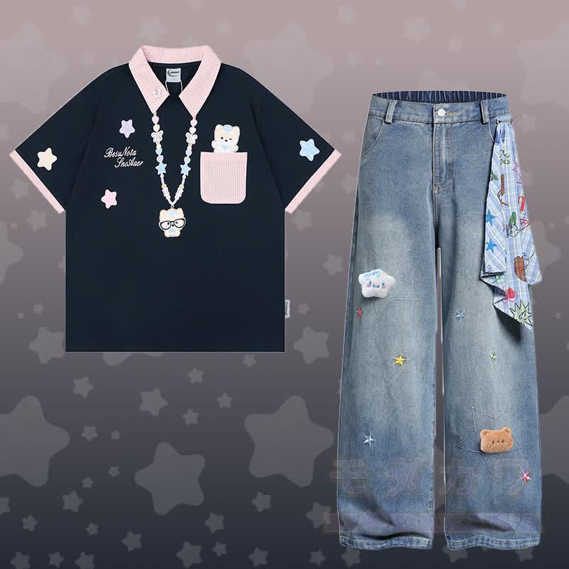 Polo-Shirt mit Welpenmotiv, Sternen-Jeans, Modakawa-Partnerlook - Satz B - XL - image 6