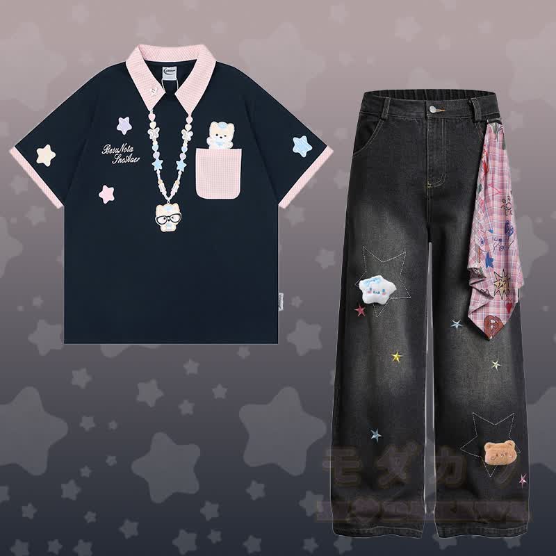 Polo-Shirt mit Welpenmotiv, Sternen-Jeans, Modakawa-Partnerlook - Satz A - XL - image 1
