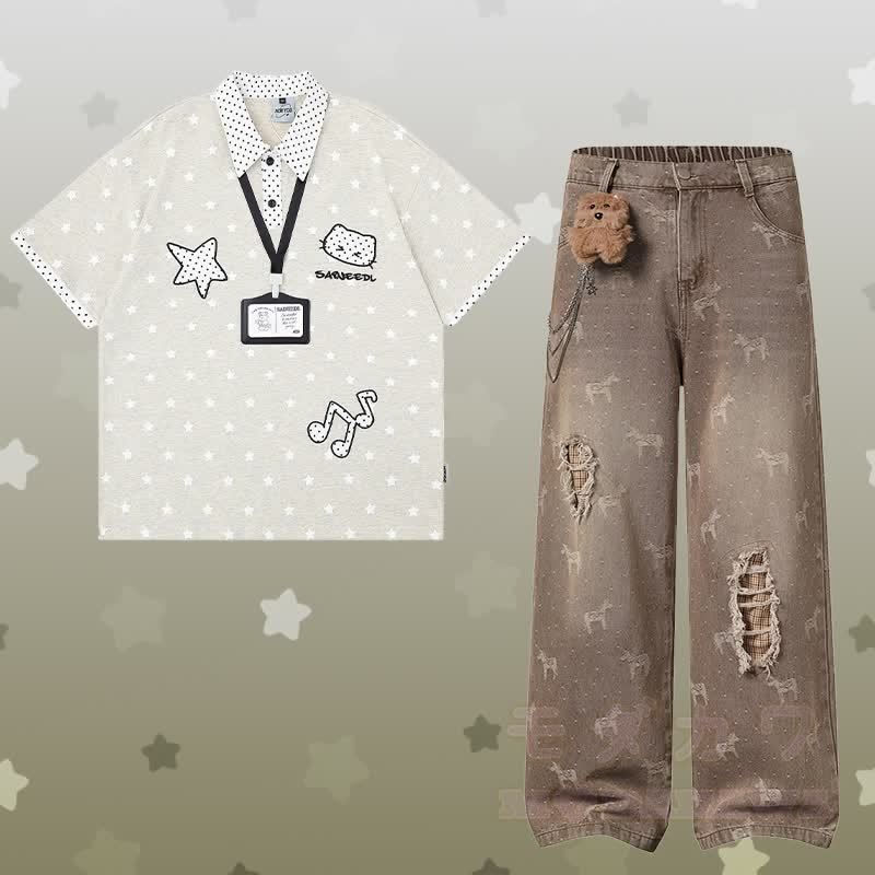 Polo-Shirt mit Polka-Dot- und Sternenmotiv, zerrissene Jeans mit 3D-Bärenkette von Modakawa (passendes Outfit) - Satz B - XL - image 6