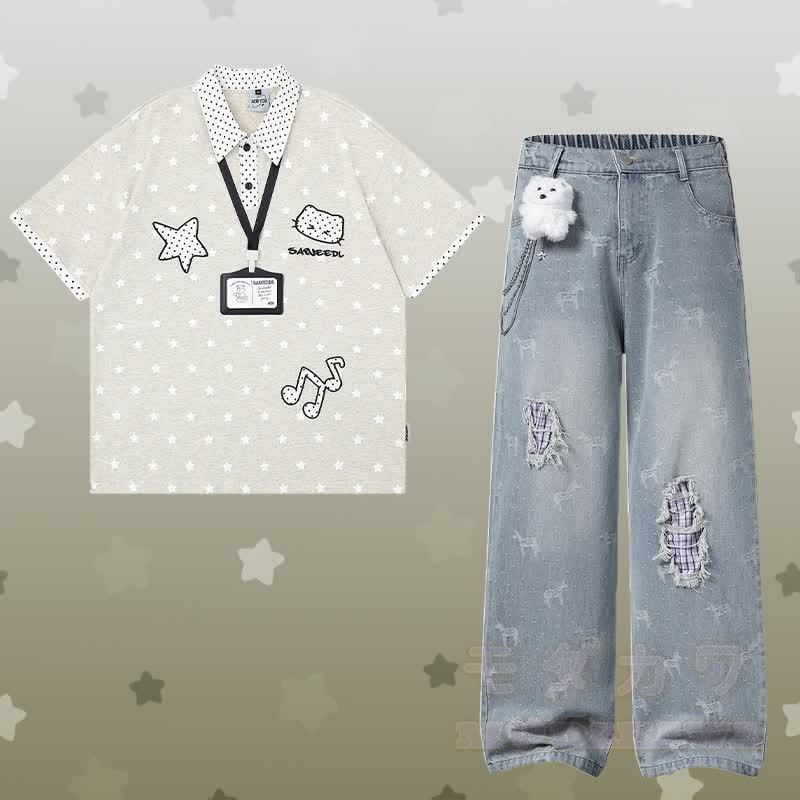 Polo-Shirt mit Polka-Dot- und Sternenmotiv, zerrissene Jeans mit 3D-Bärenkette von Modakawa (passendes Outfit) - Satz A - XL - image 1