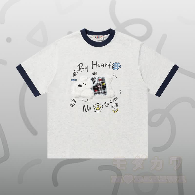 T-Shirt aus Baumwolle mit Welpenstickerei (Chenille), Sternen-Jeanshose, Modakawa-Partnerlook - Graues T-Shirt - XL - image 3