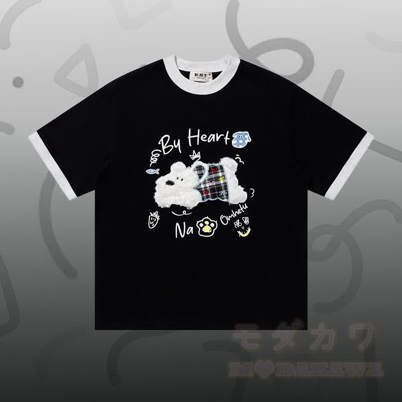 T-Shirt aus Baumwolle mit Welpenstickerei (Chenille), Sternen-Jeanshose, Modakawa-Partnerlook - Schwarzes T-Shirt - XL - image 2