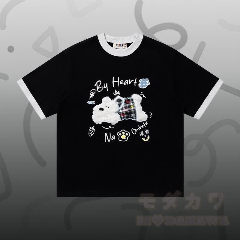 T-Shirt aus Baumwolle mit Welpenstickerei (Chenille), Sternen-Jeanshose, Modakawa-Partnerlook - Schwarzes T-Shirt - XL - image 2