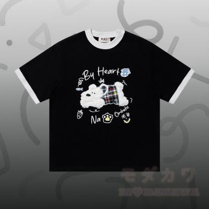 T-Shirt aus Baumwolle mit Welpenstickerei (Chenille), Sternen-Jeanshose, Modakawa-Partnerlook - Schwarzes T-Shirt - XL - image 2