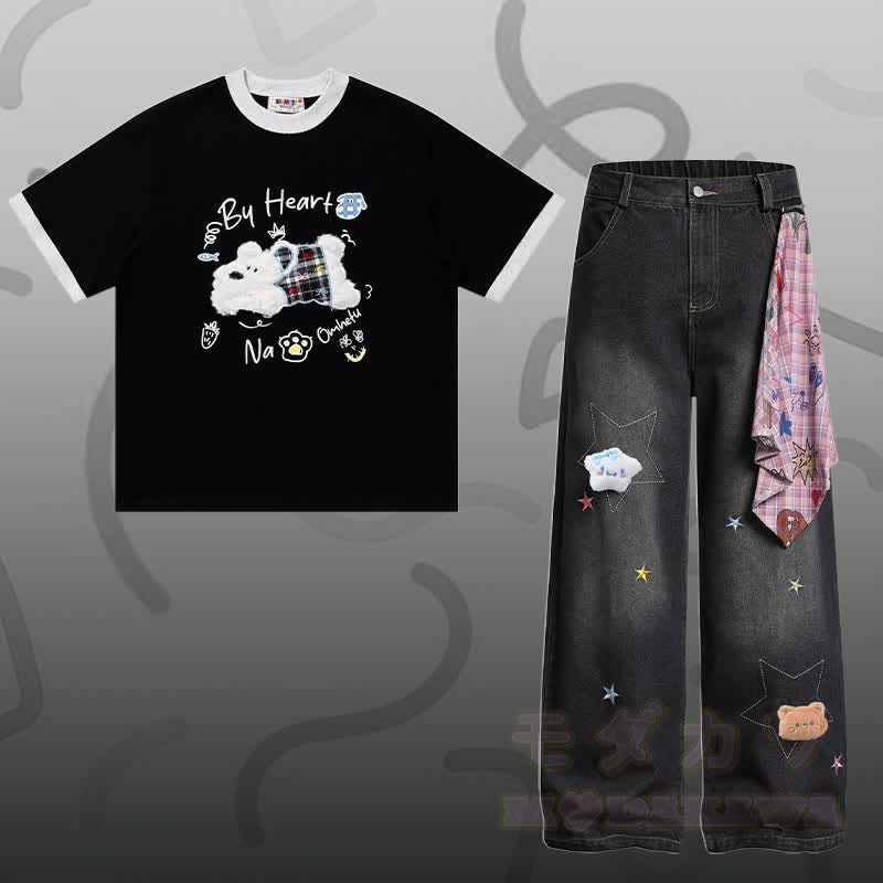 T-Shirt aus Baumwolle mit Welpenstickerei (Chenille), Sternen-Jeanshose, Modakawa-Partnerlook - Satz C - XL - image 7