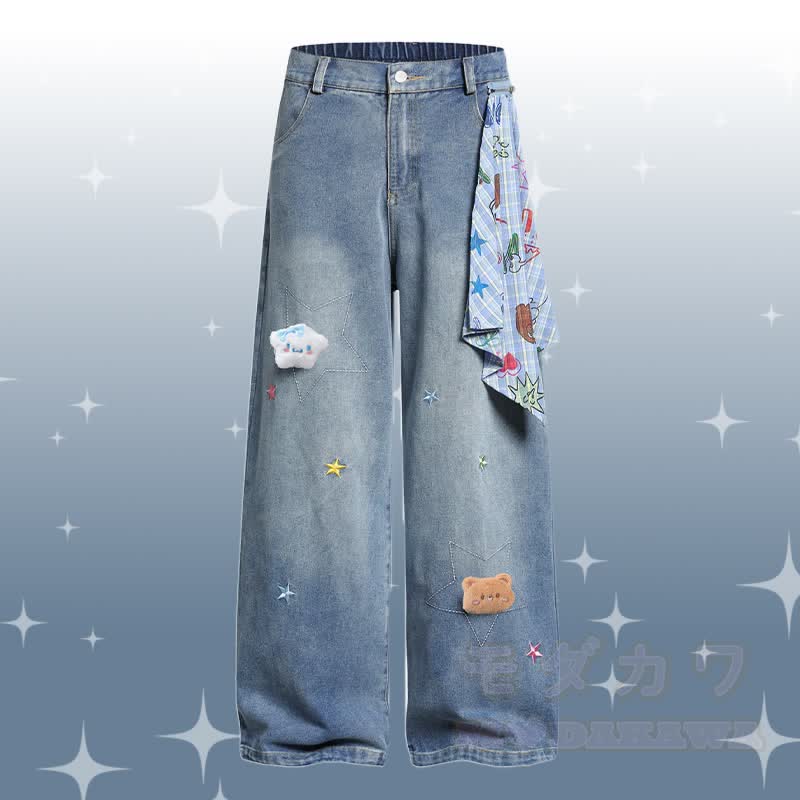 T-Shirt aus Baumwolle mit Welpenstickerei (Chenille), Sternen-Jeanshose, Modakawa-Partnerlook - Blaue Hose - XL - image 4