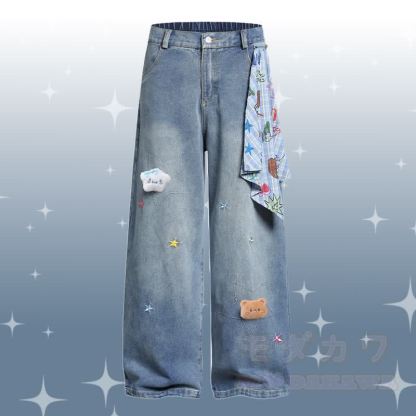 T-Shirt aus Baumwolle mit Welpenstickerei (Chenille), Sternen-Jeanshose, Modakawa-Partnerlook - Blaue Hose - XL - image 4