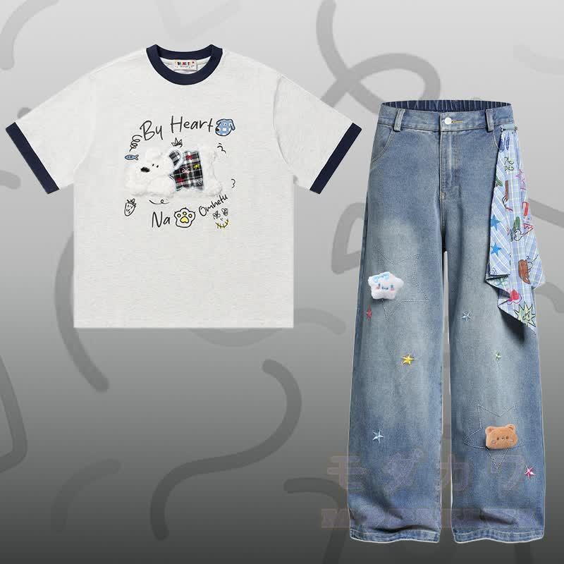 T-Shirt aus Baumwolle mit Welpenstickerei (Chenille), Sternen-Jeanshose, Modakawa-Partnerlook - Satz B - XL - image 6