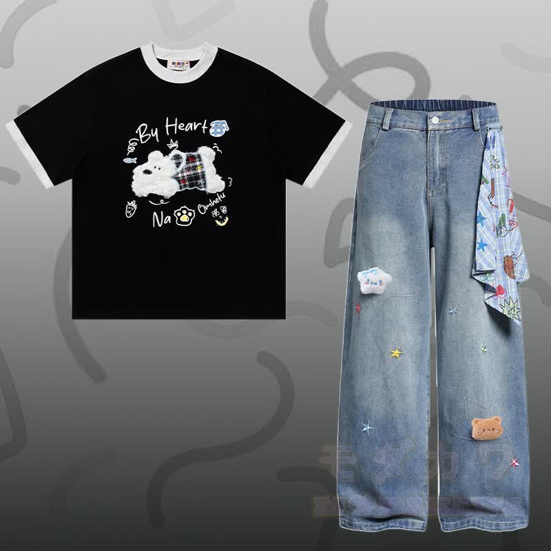 T-Shirt aus Baumwolle mit Welpenstickerei (Chenille), Sternen-Jeanshose, Modakawa-Partnerlook - Satz A - XL - image 1