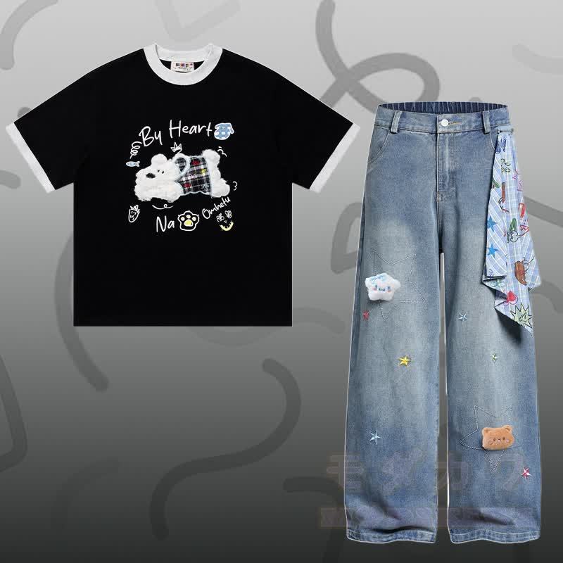 T-Shirt aus Baumwolle mit Welpenstickerei (Chenille), Sternen-Jeanshose, Modakawa-Partnerlook - Satz A - XL - image 1