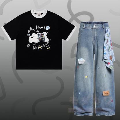 T-Shirt aus Baumwolle mit Welpenstickerei (Chenille), Sternen-Jeanshose, Modakawa-Partnerlook - Satz A - XL - image 1